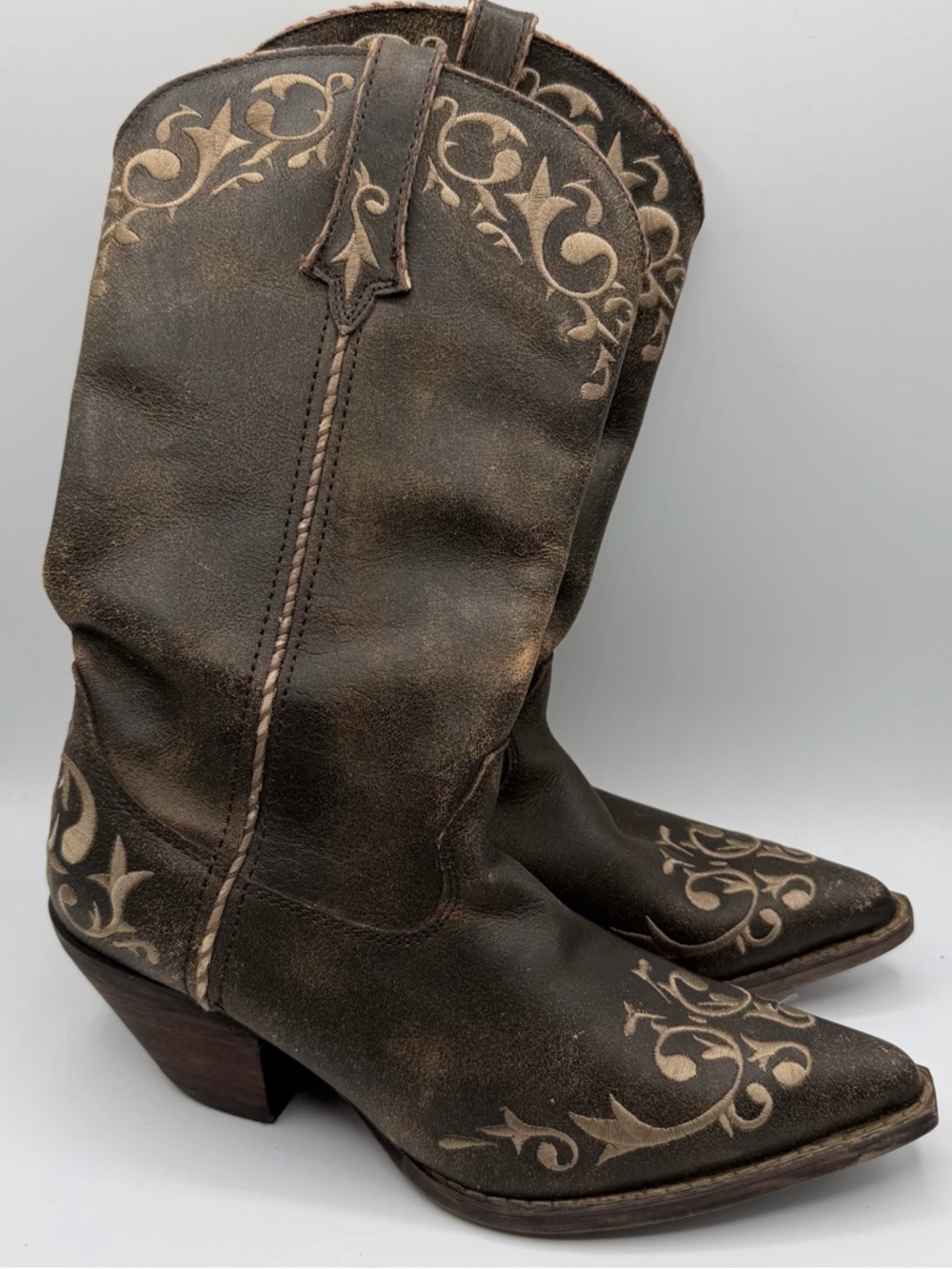 Durango Crush Embroidered Western Boots Brown Distressed Snip pointed Toe 7.5